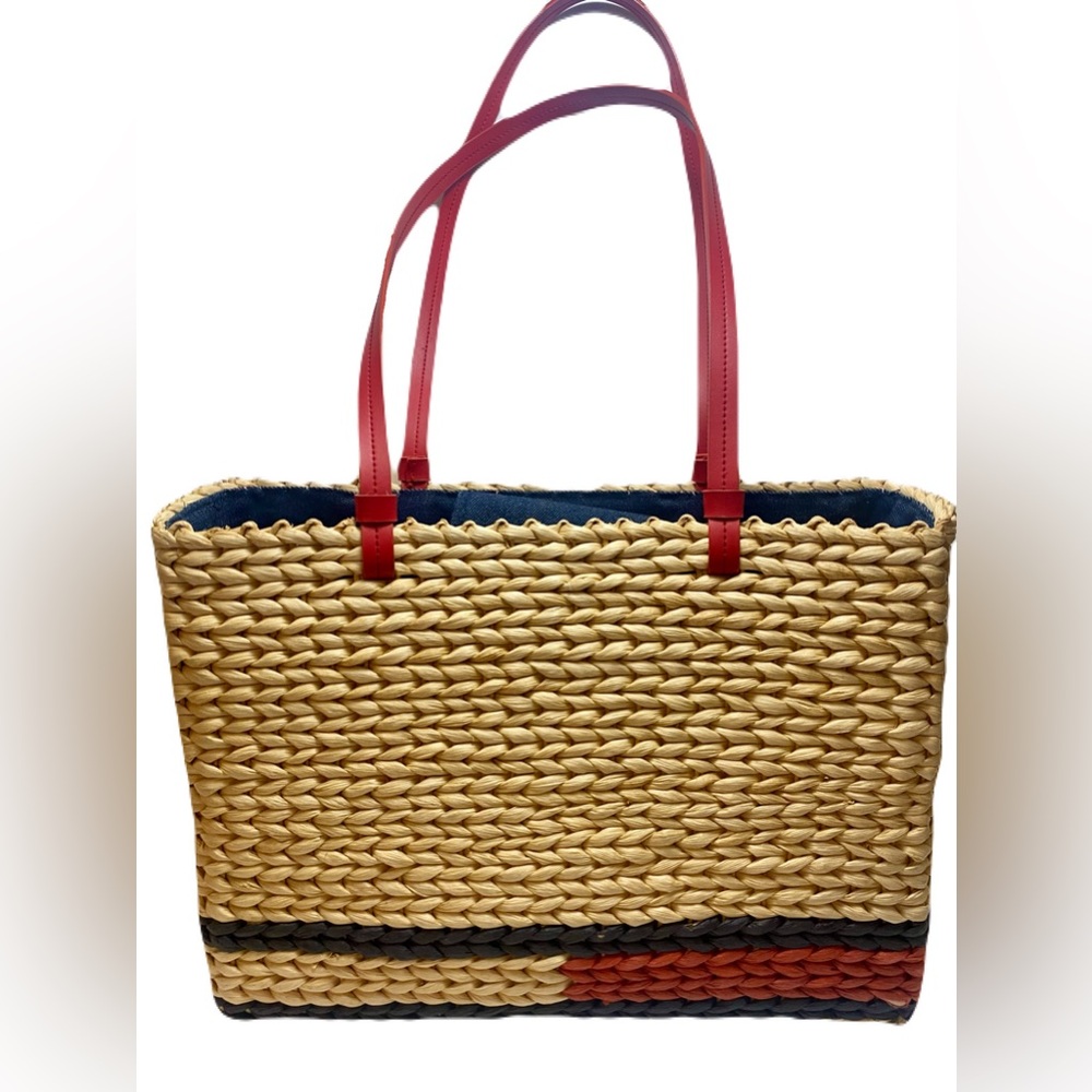 Tommy Hilfiger Woven Straw Beach Tote Red Purse Preowned Denim Interior